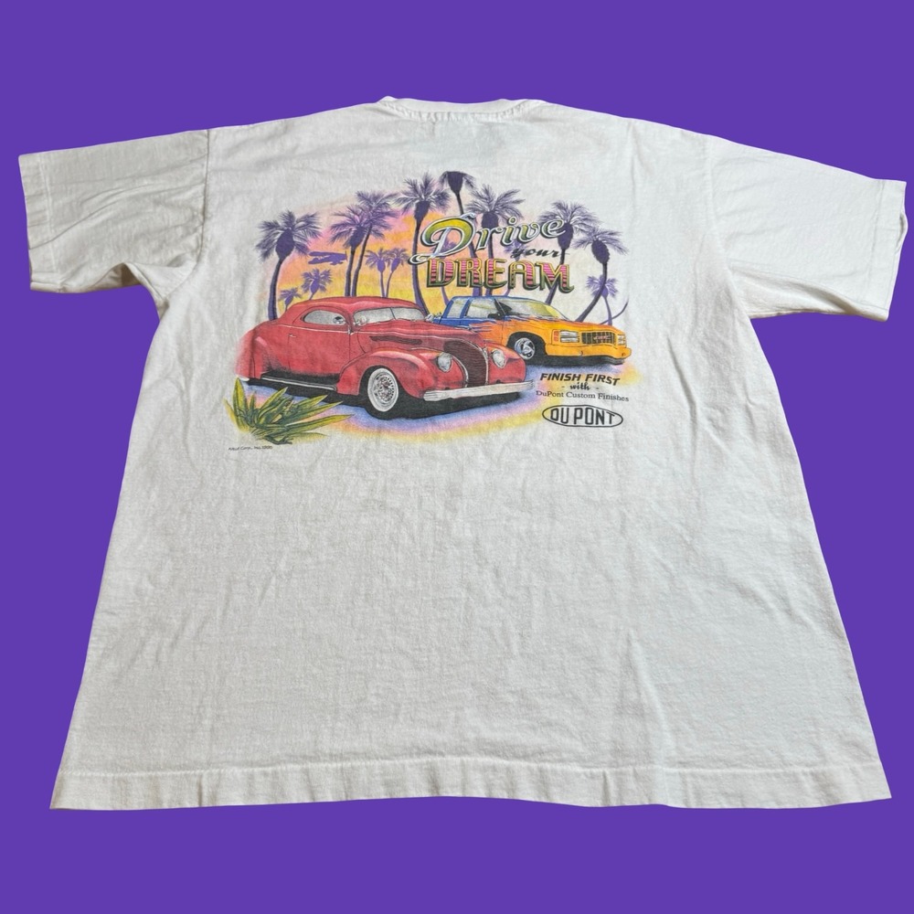 Vintage Auto Shop T Shirt L Drive Your Dream Du Pont White Classic Cars Palm